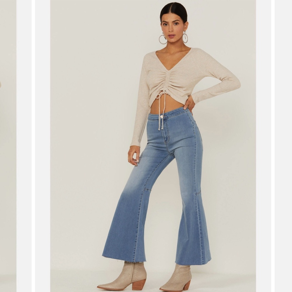 Free People Bell Bottom Denim Jeans Raw Hem Sz 28
